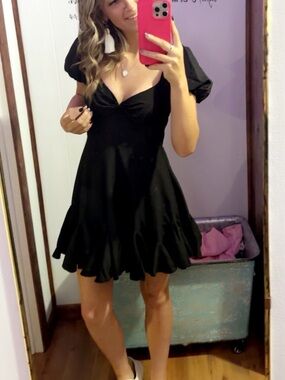 Black Puff-Sleeve Ruffle Hem Mini Dress
